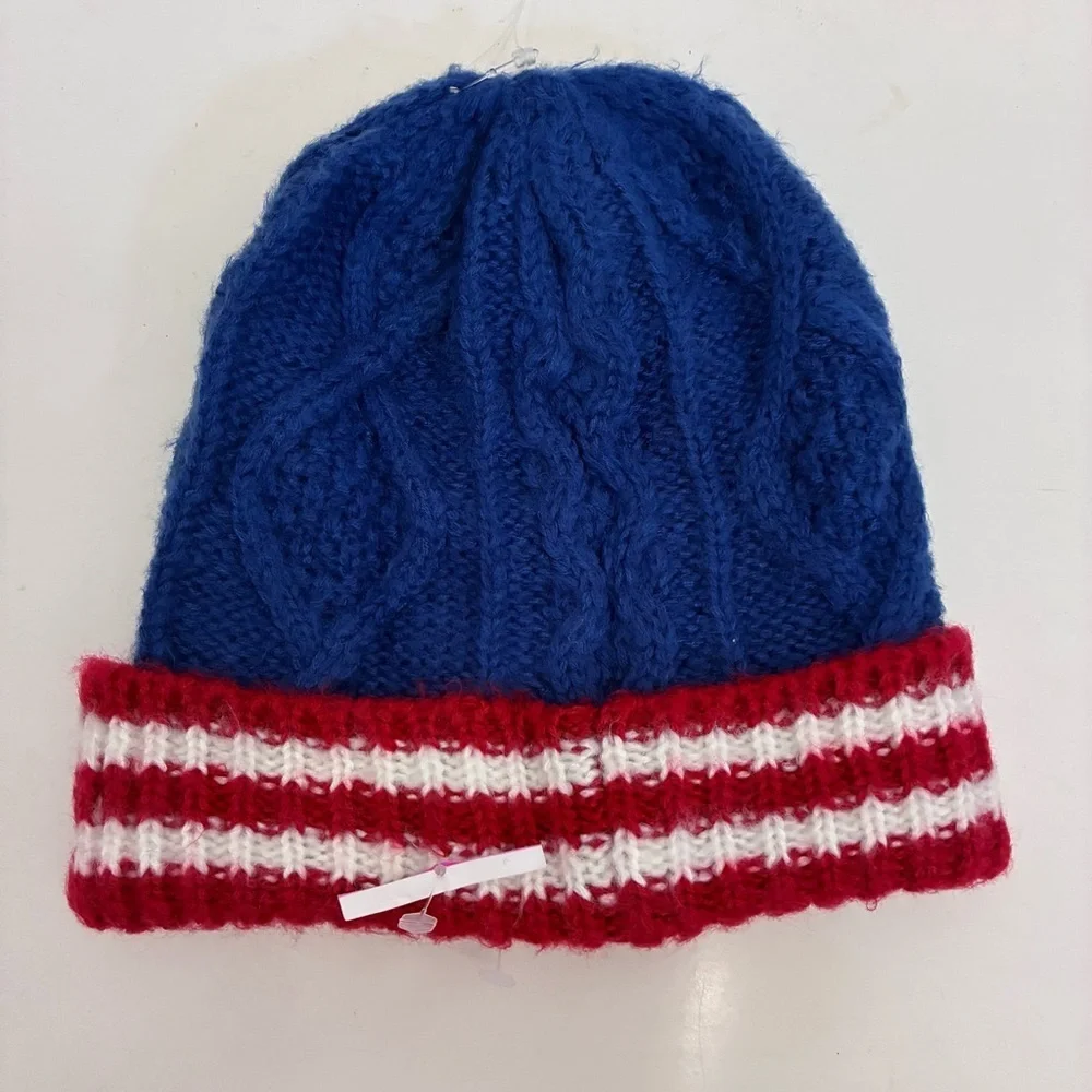 Boden Kids Blue with Red Stripes Folded Cuff Cable Knit Hat Beanie Size Small